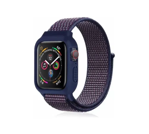 Apple Watch 38mm Hasırlı Cırtcırtlı Kasalı Kordon - Lacivert-Mürdüm