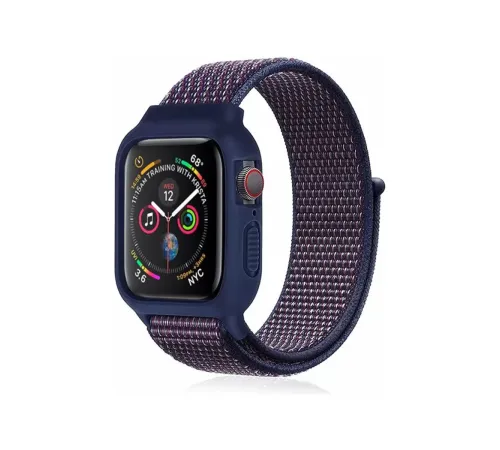 Apple Watch 38mm Hasırlı Cırtcırtlı Kasalı Kordon - Lacivert-Mürdüm