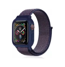 Apple Watch 38mm Hasırlı Cırtcırtlı Kasalı Kordon - Lacivert-Mürdüm