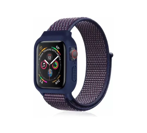 Apple Watch 38mm Hasırlı Cırtcırtlı Kasalı Kordon - Lacivert-Mürdüm