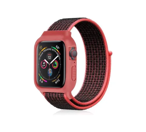 Apple Watch 38mm Hasırlı Cırtcırtlı Kasalı Kordon - Siyah-Pembe