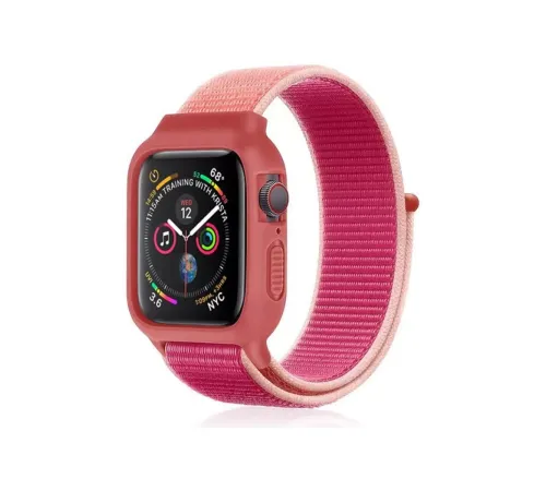 Apple Watch 42mm Hasırlı Cırtcırtlı Kasalı Kordon - Pudra