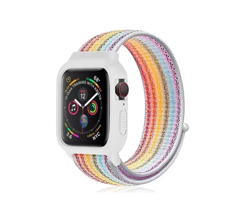 Apple Watch 42mm Hasırlı Cırtcırtlı Kasalı Kordon - Gökkuşağı 2