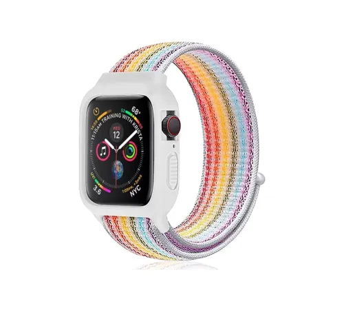 Apple Watch 42mm Hasırlı Cırtcırtlı Kasalı Kordon - Gökkuşağı 2