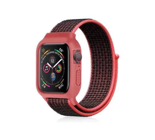 Apple Watch 42mm Hasırlı Cırtcırtlı Kasalı Kordon - Siyah-Pembe