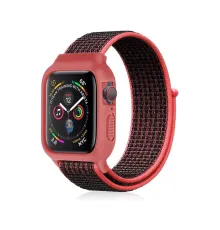 Apple Watch 42mm Hasırlı Cırtcırtlı Kasalı Kordon - Siyah-Pembe
