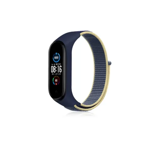 Xiaomi Mi Band 4 Hasırlı Cırtcırtlı Kordon - Sarı-Lacivert