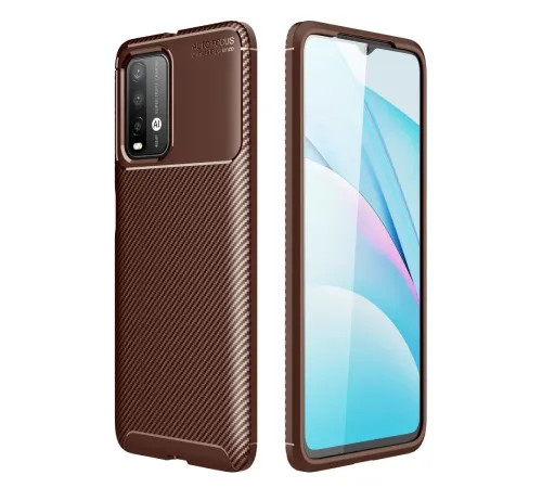 Xiaomi Redmi 9T Kılıf Auto Focus Karbon Kapak - Kahverengi