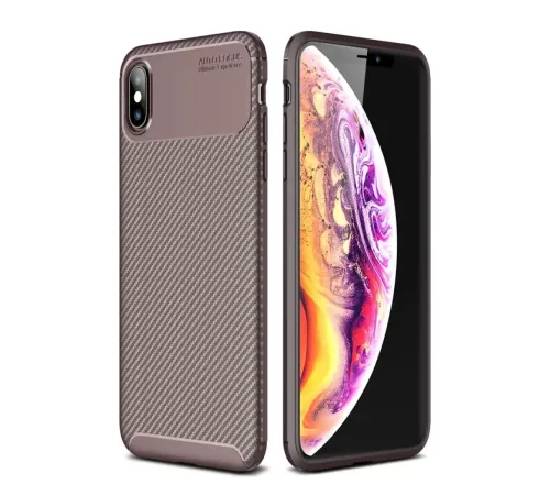 Apple iPhone XS Max Kılıf Auto Focus Karbon Kapak - Kahverengi
