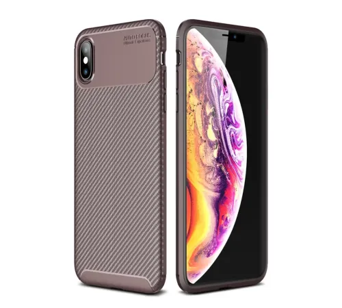 Apple iPhone XS Max Kılıf Auto Focus Karbon Kapak - Kahverengi