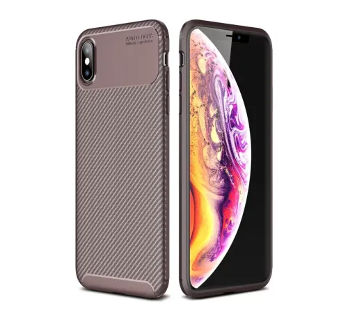 Apple iPhone XS Max Kılıf Auto Focus Karbon Kapak - Kahverengi