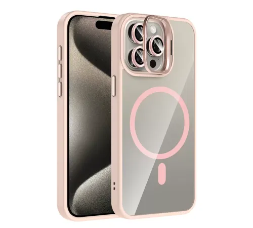 Apple iPhone 14 Pro Max Remim Lensli Magsafe Standlı Kapak - Pembe