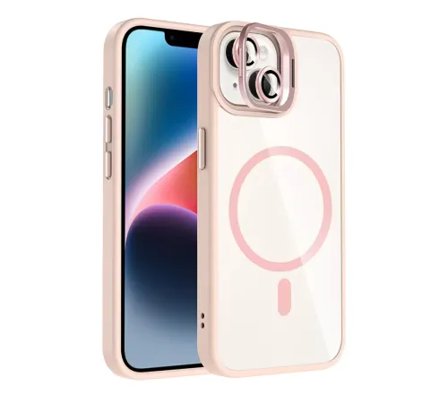 Apple iPhone 13 Remim Lensli Magsafe Standlı Kapak - Pembe