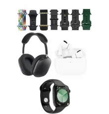K32 Kombo 7 Adet Kordon Akıllı Saat Airpods Kulaklık Kafa Üstü Kablosuz Kulaklık Set - Siyah