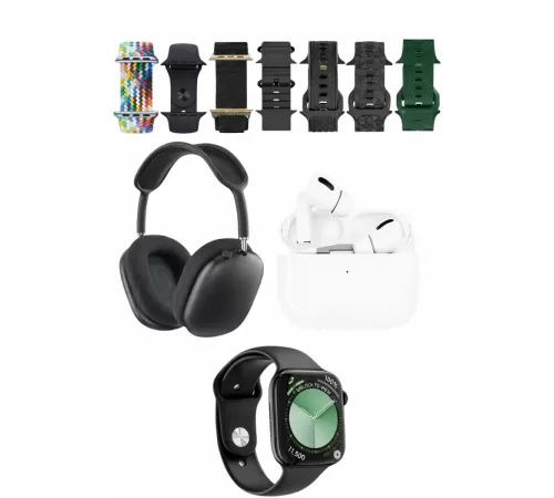 K32 Kombo 7 Adet Kordon Akıllı Saat Airpods Kulaklık Kafa Üstü Kablosuz Kulaklık Set - Siyah