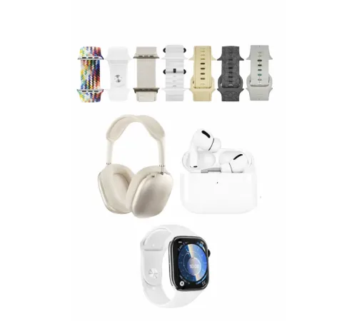 K32 Kombo 7 Adet Kordon Akıllı Saat Airpods Kulaklık Kafa Üstü Kablosuz Kulaklık Set - Beyaz