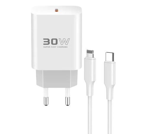 C87C 30W Type-C Çıkışlı Ekstra DL50 1M Type-C to Lightning Kablolu PD Şarj Cihazı - Beyaz