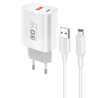 C89Q 1 Adet 30W Type-C ve 1 Adet 22.5W USB Çıkışlı Ekstra DL48 1M USB to Lightning Kablolu PD Şarj Cihazı - Beyaz