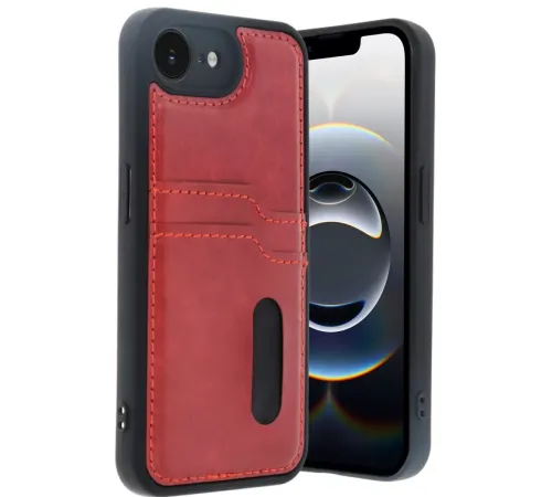 Apple iPhone 16E Kılıf Sara Kartvizitli Deri Kılıf - Kırmızı