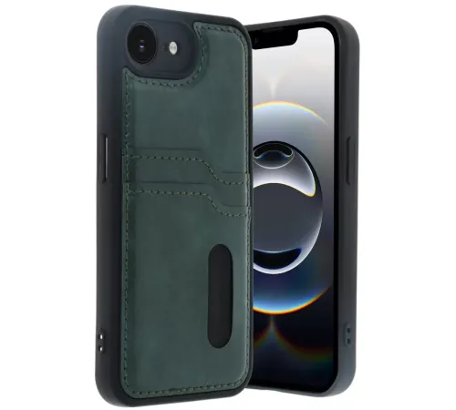 Apple iPhone 16E Kılıf Sara Kartvizitli Deri Kılıf - Koyu Yeşil
