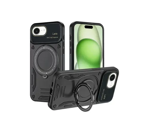 Apple iPhone 16E Kılıf Joy Lens Standlı Kapak - Siyah