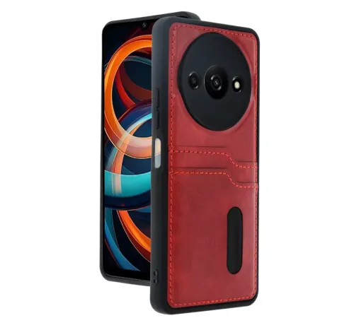 Redmi A3 4G Kılıf Sara Kartvizitli Deri Kılıf - Kırmızı