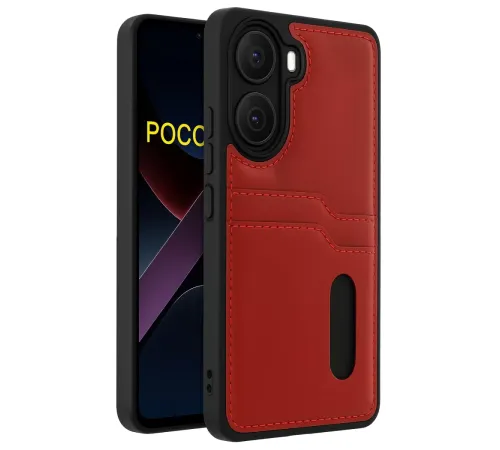 Poco X7 Pro Kılıf Sara Kartvizitli Deri Kılıf - Kırmızı