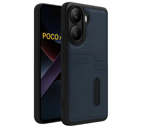 Poco X7 Pro Kılıf Sara Kartvizitli Deri Kılıf - Lacivert