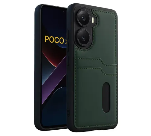 Poco X7 Pro Kılıf Sara Kartvizitli Deri Kılıf - Koyu Yeşil