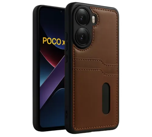 Poco X7 Pro Kılıf Sara Kartvizitli Deri Kılıf - Taba