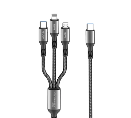 DC62 3in1 Type-C to 60W Type-C / 12W Lightning / 15W Micro 1.2M Hızlı Şarj Kablo - Siyah