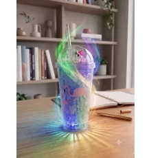 Işıklı Unicorn ve Flamingo Desenli Çift Katmanlı Jel Buzlu Pipetli Bardak - 450ml - Renk Değiştiren LED Tabanlı