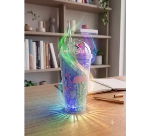 Işıklı Unicorn ve Flamingo Desenli Çift Katmanlı Jel Buzlu Pipetli Bardak - 450ml - Renk Değiştiren LED Tabanlı