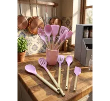 12 Parça Bambu Saplı Silikon Mutfak Gereçleri Seti - Pembe Mutfak Servis Seti