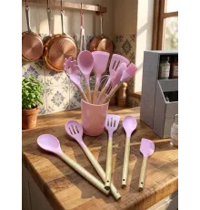 12 Parça Bambu Saplı Silikon Mutfak Gereçleri Seti - Pembe Mutfak Servis Seti