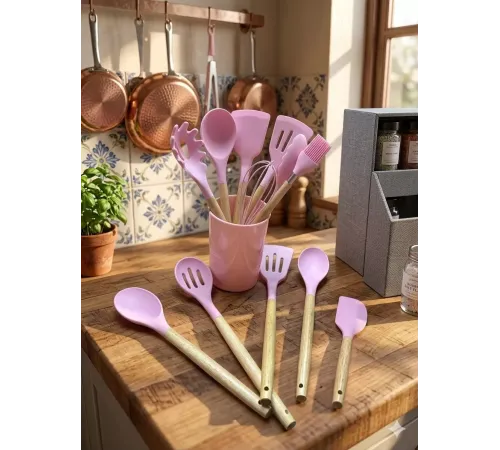 12 Parça Bambu Saplı Silikon Mutfak Gereçleri Seti - Pembe Mutfak Servis Seti