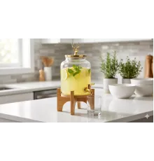 Geyik Figürlü Gold Lüks Cam İçecek Sebili - 3.6 Litre Bambu Standlı Meyve Suyu Kovası