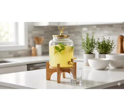 Geyik Figürlü Gold Lüks Cam İçecek Sebili - 3.6 Litre Bambu Standlı Meyve Suyu Kovası
