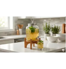 Geyik Figürlü Gümüş Lüks Cam İçecek Sebili - 3.6 Litre Bambu Standlı Meyve Suyu Kovası