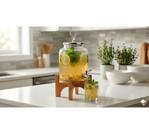 Geyik Figürlü Gümüş Lüks Cam İçecek Sebili - 3.6 Litre Bambu Standlı Meyve Suyu Kovası