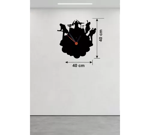 Rock Band ve Müzik Temalı Ahşap Duvar Saati - 40x40 cm Lazer Kesim