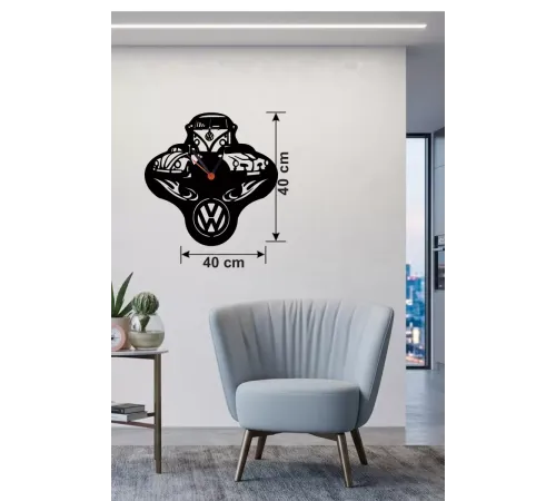 Vosvos ve Retro Araba Temalı Ahşap Duvar Saati - 40x40 cm Lazer Kesim