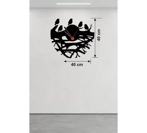 Dallarda Kuşlar Tasarım Ahşap Duvar Saati - 40x40 cm Dekoratif Saat