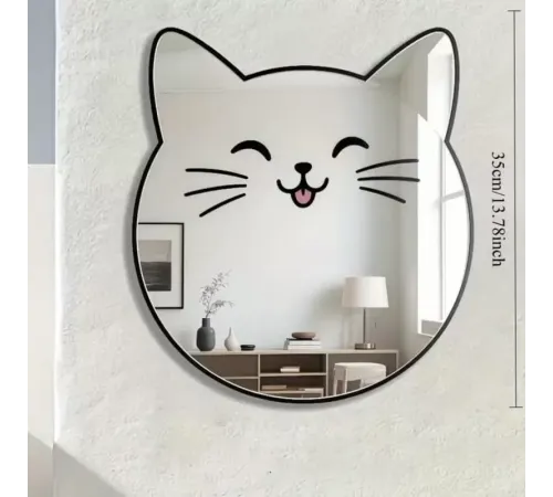 Kırılmaz Pleksi Gülen Kedi Duvar Aynası - 35x35 cm Çocuk ve Bebek Odası Dekoratif Ayna