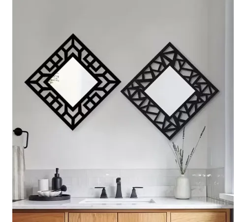 2'li Set Kırılmaz Pleksi Dekoratif Duvar Aynası - 22.5x22.5 cm Geometrik Çerçeveli 1. Sınıf Ayna