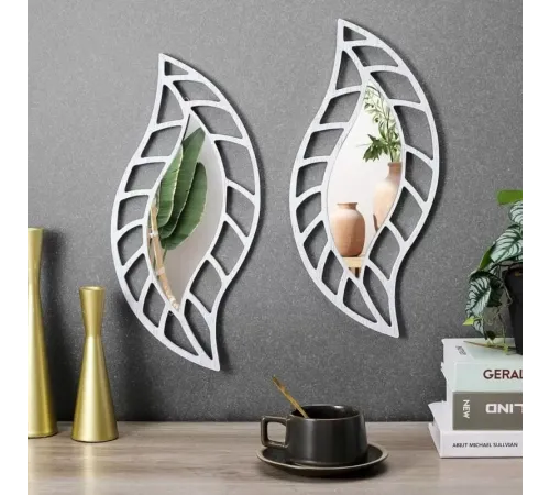 2'li Set Kırılmaz Pleksi Dekoratif Duvar Aynası - 20x35 cm Yaprak Formlu 1. Sınıf Akrilik Ayna