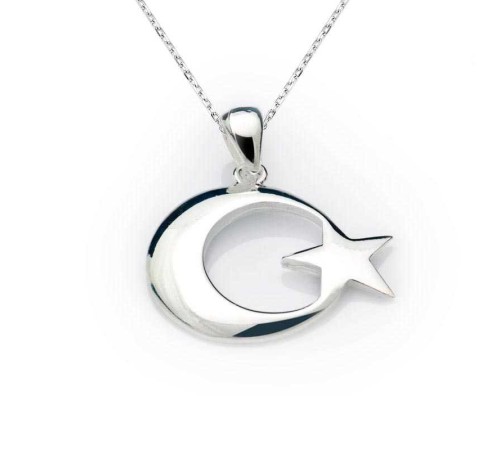 925 Ayar Gümüş Ay Yıldız Bayrak Gümüş Kolye
