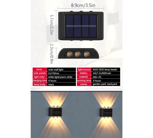6ledli  Solar Duvar Lambası Aplik Güneş Enerji Gün Işığı 2 Li Set