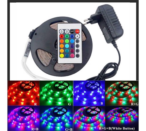 Rgb Şerit 5 Metre 16 Renkli Kumandalı Adaptörlü Çift Taraflı Bant