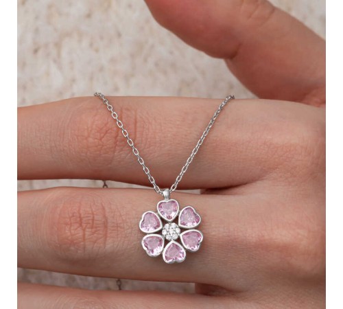 Gümüş Pembe Kalpli Çiçek Kadın Kolye